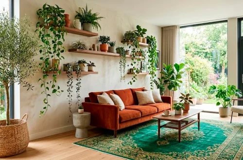 Sophisticated modern living room with lush botanical decor featuring an olive tree and trailing pothos vines.