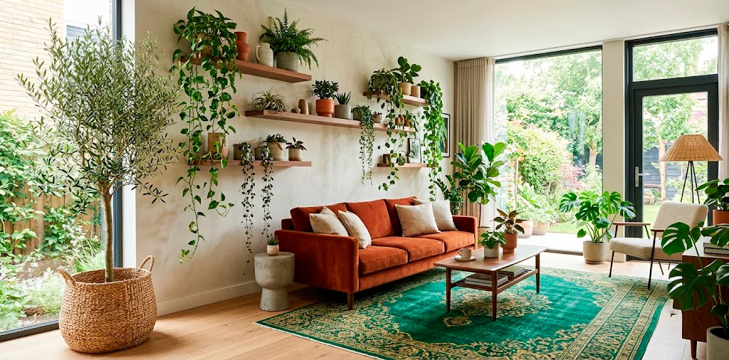 Sophisticated modern living room with lush botanical decor featuring an olive tree and trailing pothos vines.