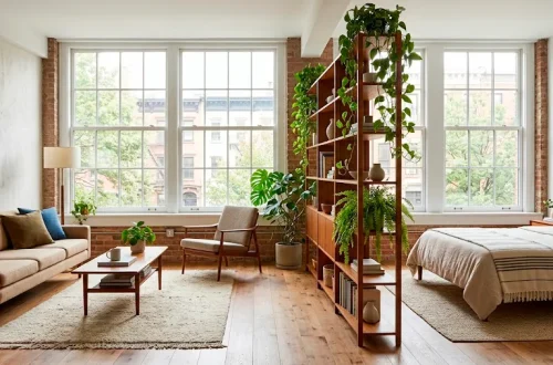 Beautifully zoned studio apartment layout featuring open shelving and distinct living and sleeping areas.