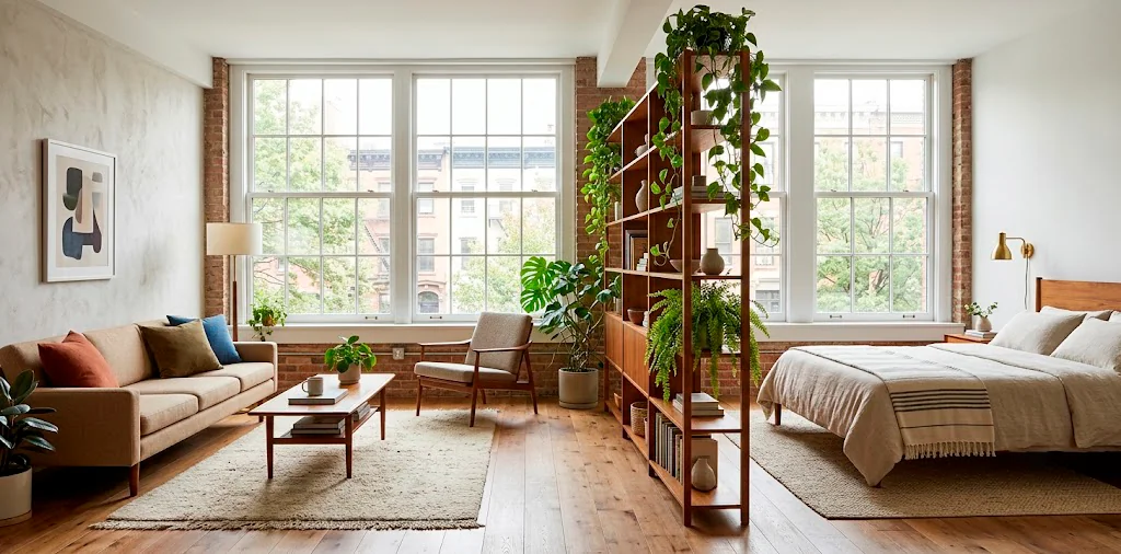 Beautifully zoned studio apartment layout featuring open shelving and distinct living and sleeping areas.