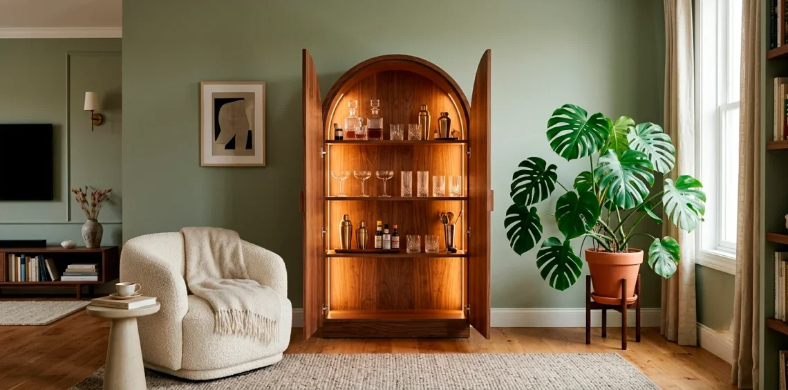 Walnut arched home bar cabinet in a modern living room with soft lighting