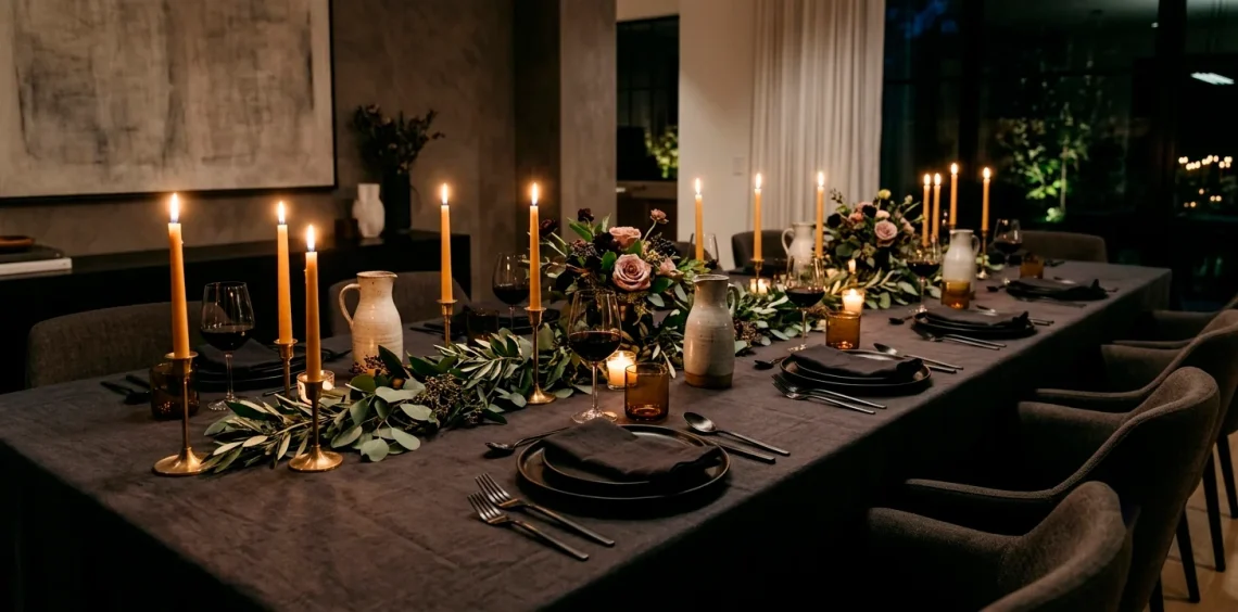 Luxurious modern dining table set with a dark charcoal linen tablecloth and flickering taper candles.