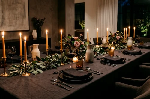 Luxurious modern dining table set with a dark charcoal linen tablecloth and flickering taper candles.