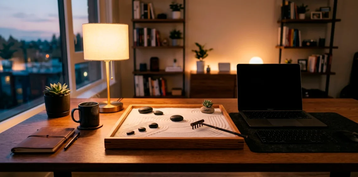 Beautiful zen sand garden with rocks on a modern desk