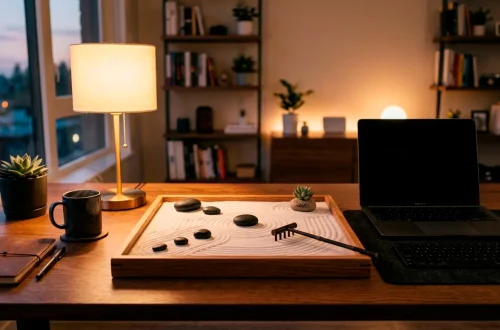 Beautiful zen sand garden with rocks on a modern desk