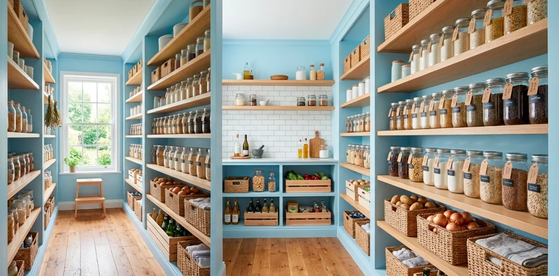 A wide horizontal view of a beautifully organized sky blue walk-in pantry with natural wood shelving and glass jars.