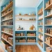 A wide horizontal view of a beautifully organized sky blue walk-in pantry with natural wood shelving and glass jars.