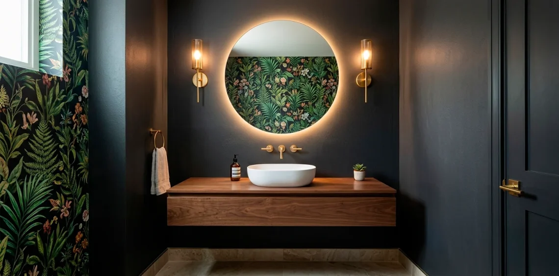 Wide view of a modern small powder room with a floating vanity, dark walls, and a large round backlit mirror.