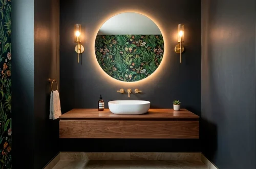Wide view of a modern small powder room with a floating vanity, dark walls, and a large round backlit mirror.
