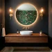 Wide view of a modern small powder room with a floating vanity, dark walls, and a large round backlit mirror.