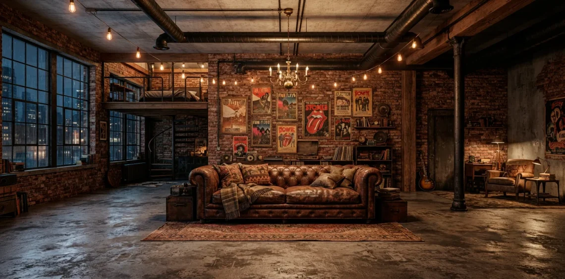 Wide view of a grunge-inspired industrial loft interior with exposed brick, a weathered leather sofa, and moody warm lighting.