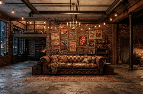 Wide view of a grunge-inspired industrial loft interior with exposed brick, a weathered leather sofa, and moody warm lighting.