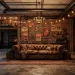 Wide view of a grunge-inspired industrial loft interior with exposed brick, a weathered leather sofa, and moody warm lighting.