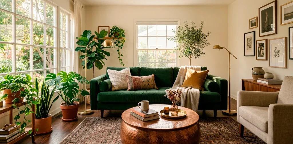 Cozy small living room interior featuring warm brass and copper decor accents catching the bright afternoon sunlight.