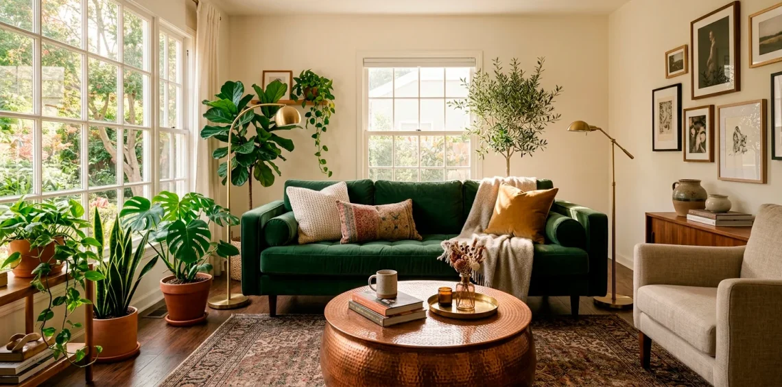 Cozy small living room interior featuring warm brass and copper decor accents catching the bright afternoon sunlight.