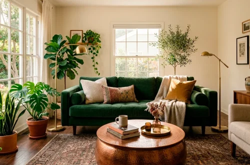 Cozy small living room interior featuring warm brass and copper decor accents catching the bright afternoon sunlight.