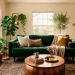 Cozy small living room interior featuring warm brass and copper decor accents catching the bright afternoon sunlight.