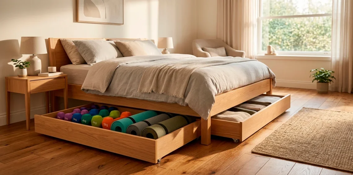 Cozy bedroom with rolling wooden under-bed storage drawers holding dumbbells and yoga mats