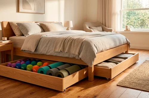 Cozy bedroom with rolling wooden under-bed storage drawers holding dumbbells and yoga mats