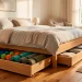 Cozy bedroom with rolling wooden under-bed storage drawers holding dumbbells and yoga mats