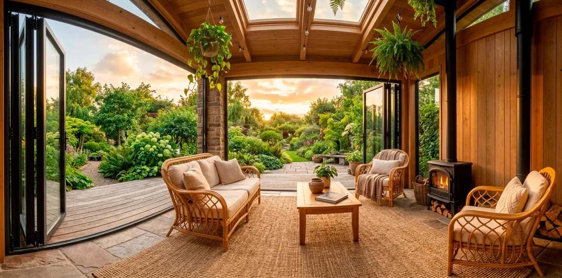 Beautiful four-season sunroom with bi-fold glass doors, rattan furniture, and a modern freestanding fireplace
