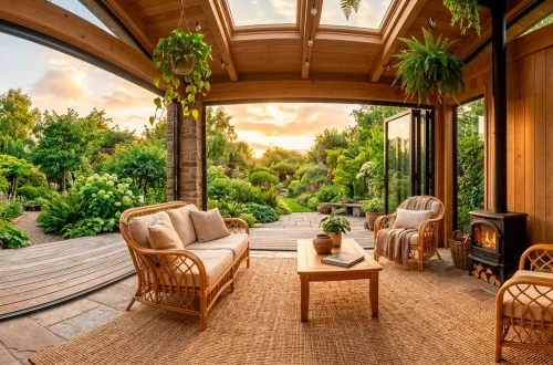 Beautiful four-season sunroom with bi-fold glass doors, rattan furniture, and a modern freestanding fireplace