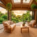 Beautiful four-season sunroom with bi-fold glass doors, rattan furniture, and a modern freestanding fireplace
