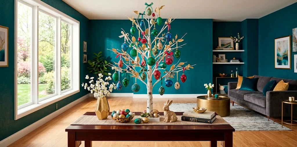 A white Easter tree decorated with emerald and sapphire jewel-toned ornaments in a modern teal living room.
