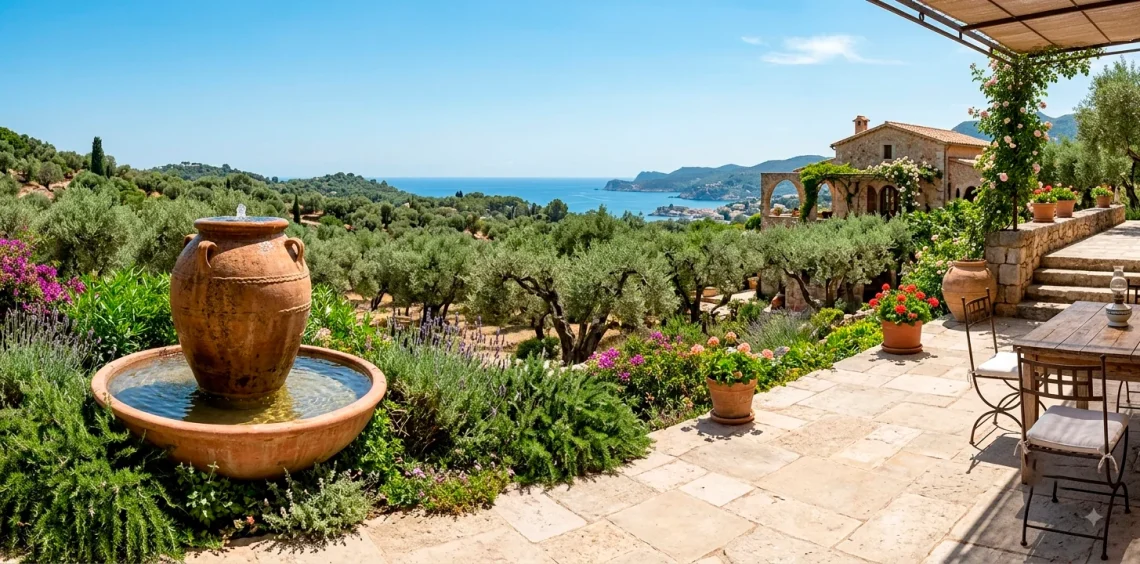 Large terracotta pot patio pond in a sunlit Mediterranean garden with olive trees and lavender.