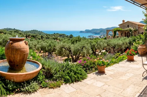 Large terracotta pot patio pond in a sunlit Mediterranean garden with olive trees and lavender.