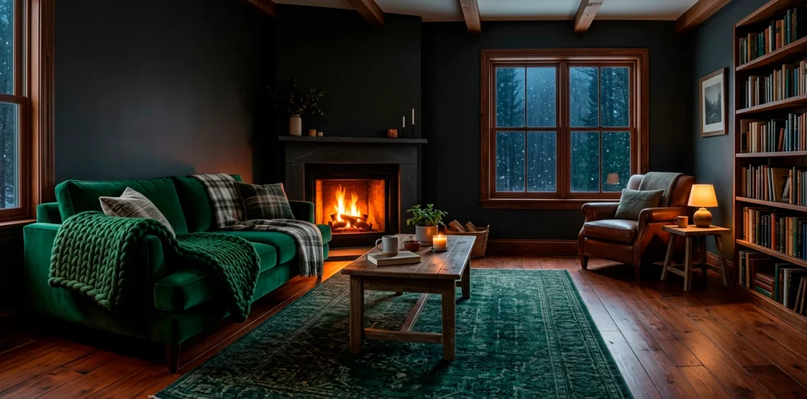 Dark moody living room featuring a plush forest green throw draped over a velvet sofa.