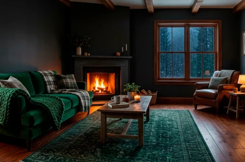 Dark moody living room featuring a plush forest green throw draped over a velvet sofa.