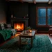 Dark moody living room featuring a plush forest green throw draped over a velvet sofa.