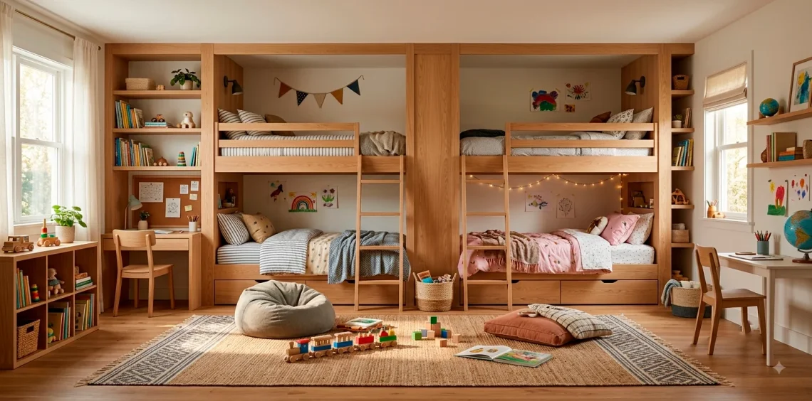 A small shared kids bedroom decorated with warm oak furniture, featuring wooden bunk beds and soft sunlight.