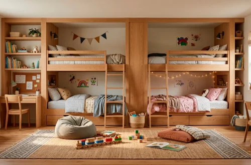 A small shared kids bedroom decorated with warm oak furniture, featuring wooden bunk beds and soft sunlight.