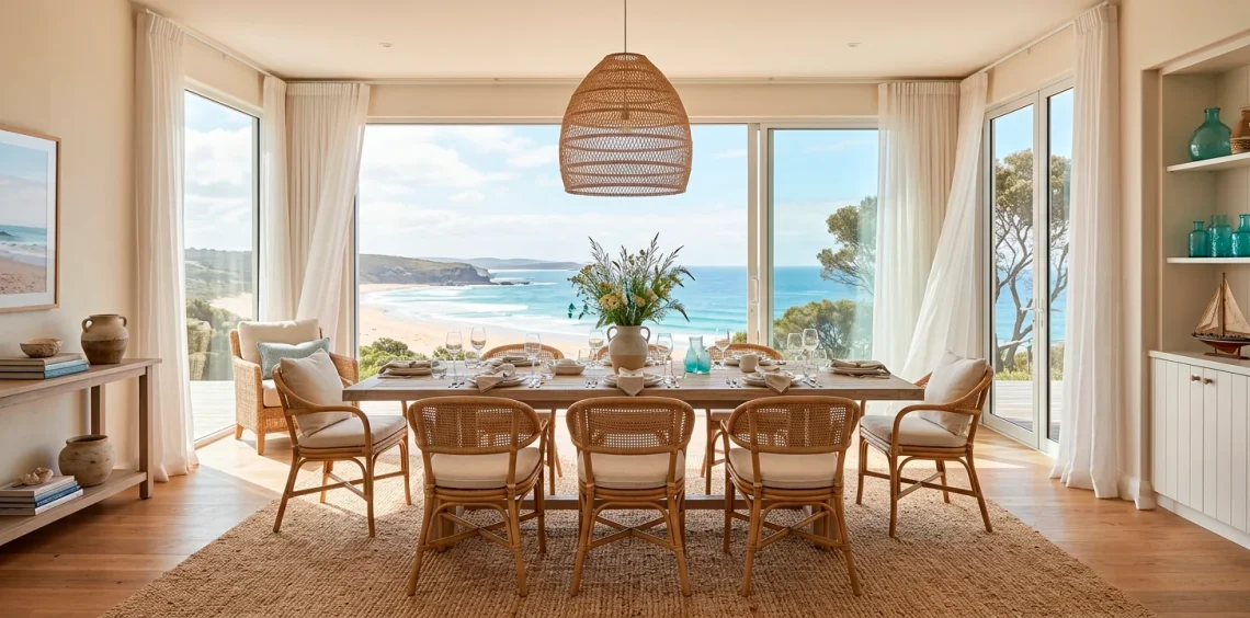 Spacious coastal dining room with natural jute rug under a wooden table and rattan chairs