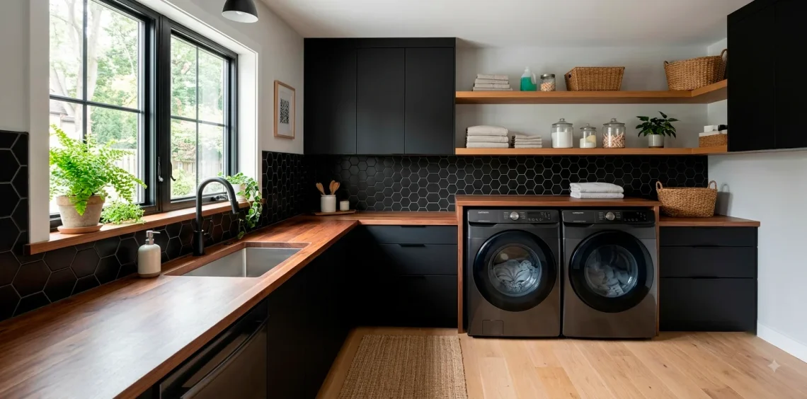 Edgy modern laundry room with matte black cabinets and wood accents