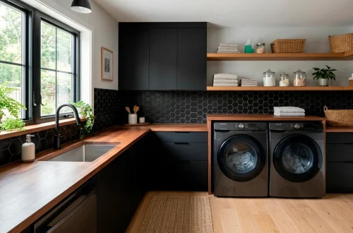 Edgy modern laundry room with matte black cabinets and wood accents