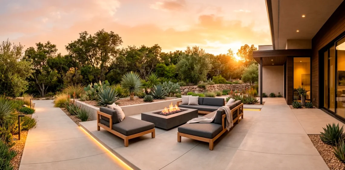 Wide view of a stunning minimalist backyard patio layout featuring a concrete fire pit and modern teak outdoor furniture.