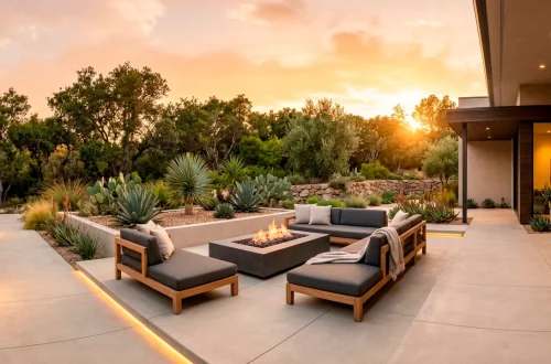 Wide view of a stunning minimalist backyard patio layout featuring a concrete fire pit and modern teak outdoor furniture.