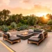 Wide view of a stunning minimalist backyard patio layout featuring a concrete fire pit and modern teak outdoor furniture.