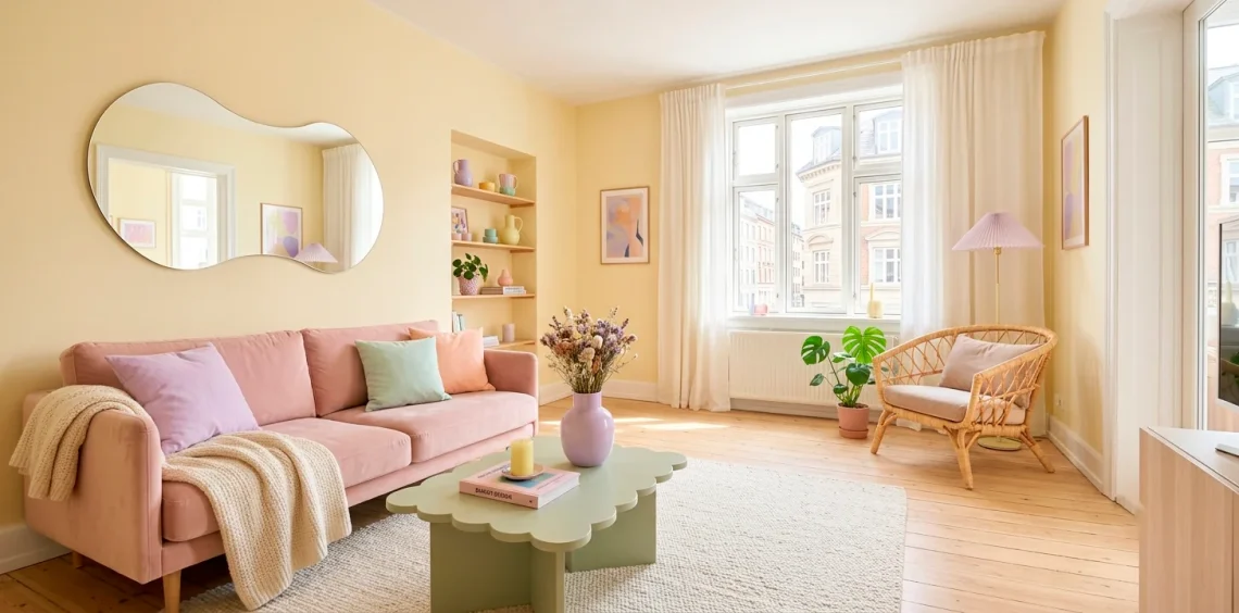 Bright Scandinavian studio apartment featuring soft Danish pastel room decor, blush sofa, and sunlit pastel accents.