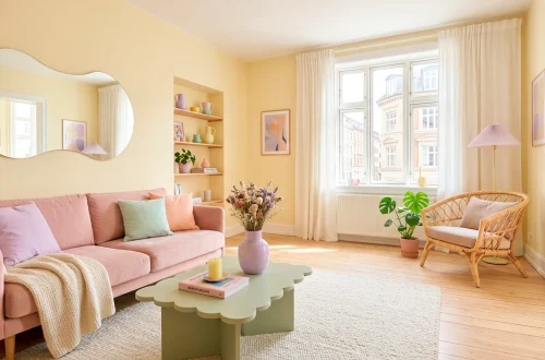 Bright Scandinavian studio apartment featuring soft Danish pastel room decor, blush sofa, and sunlit pastel accents.