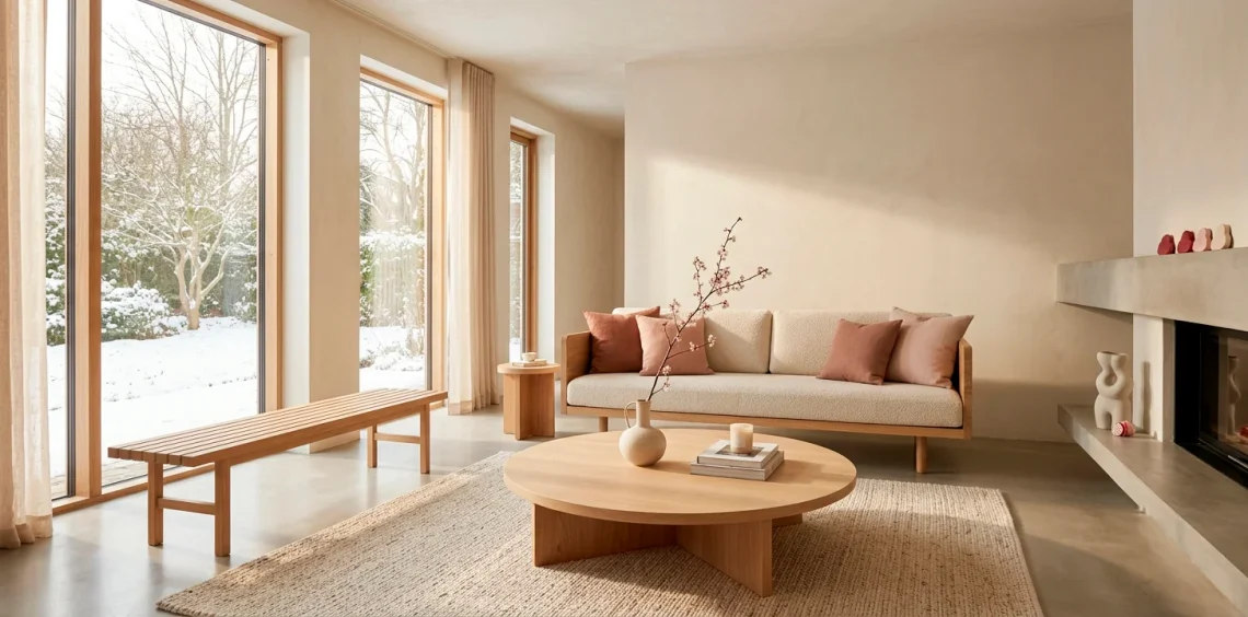 Minimalist Japandi living room with subtle Valentine's Day decor and earthy terracotta accents.