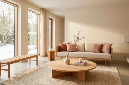 Minimalist Japandi living room with subtle Valentine's Day decor and earthy terracotta accents.