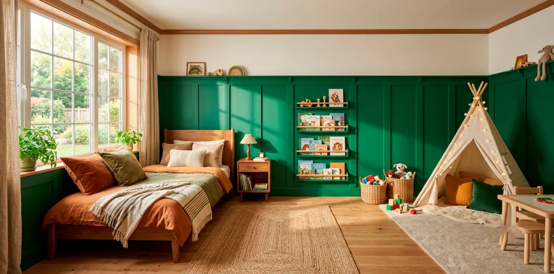 Beautiful emerald green board and batten paneling in a cozy kids bedroom