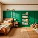 Beautiful emerald green board and batten paneling in a cozy kids bedroom