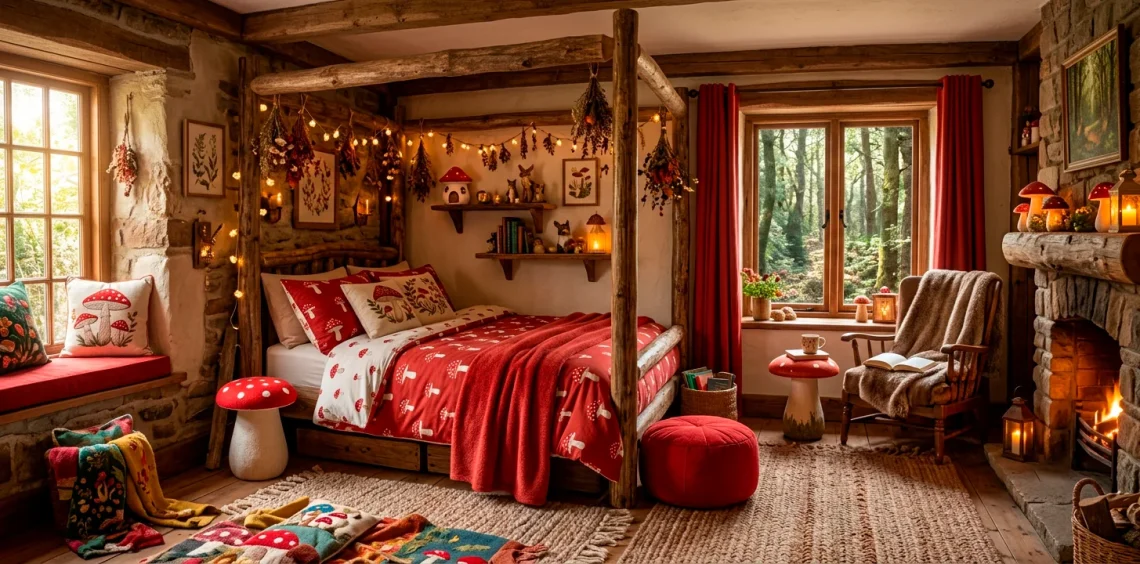 Cozy fairy-tale room featuring scarlet and white toadstool decorations and woodland-themed textiles.