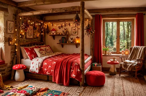 Cozy fairy-tale room featuring scarlet and white toadstool decorations and woodland-themed textiles.