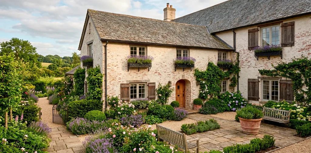 European cottage exterior with chalky limewash brick facade and wrought iron window boxes